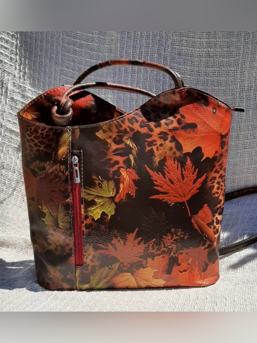 Borse In Pelle Italian Leather Leaf Print Convertible Bag